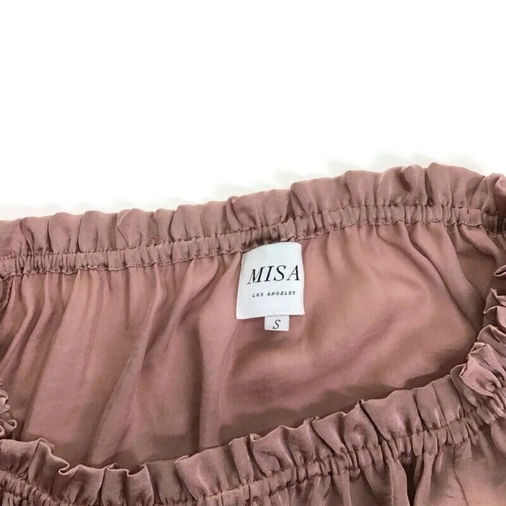 Misa Los Angeles Off Shoulder Ruffle Layered Pink Satin Dress Long Sleeve - Picture 5 of 5